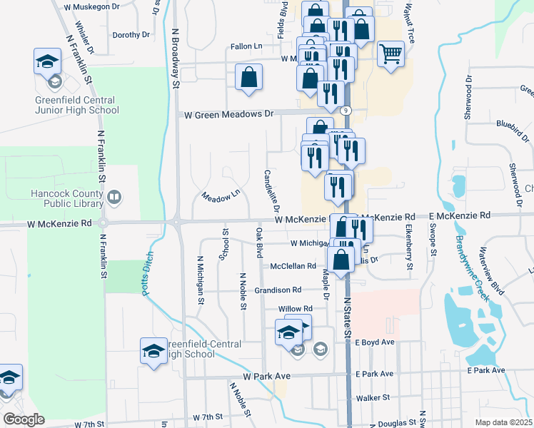 map of restaurants, bars, coffee shops, grocery stores, and more near 232 West McKenzie Road in Greenfield