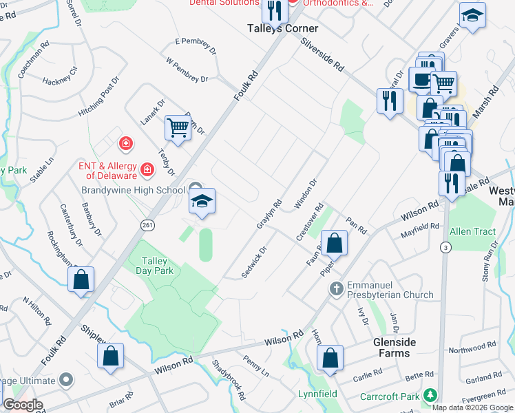 map of restaurants, bars, coffee shops, grocery stores, and more near 2402 Heather Road West in Wilmington