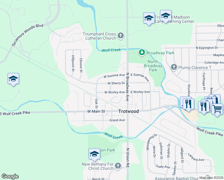 map of restaurants, bars, coffee shops, grocery stores, and more near 17 West Worley Avenue in Dayton