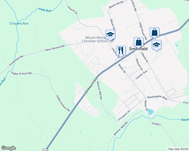 map of restaurants, bars, coffee shops, grocery stores, and more near U.S. 119 in Smithfield