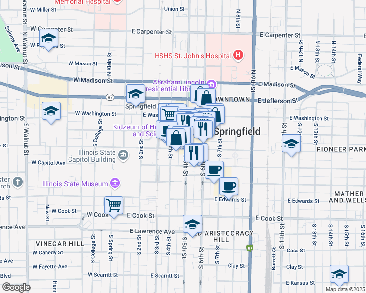 map of restaurants, bars, coffee shops, grocery stores, and more near 505 East Monroe Street in Springfield