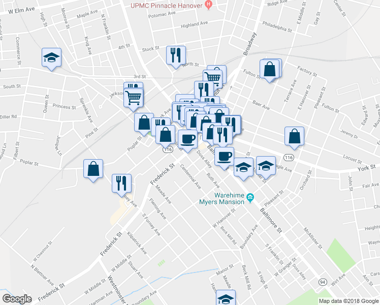 map of restaurants, bars, coffee shops, grocery stores, and more near 52 Frederick Street in Hanover