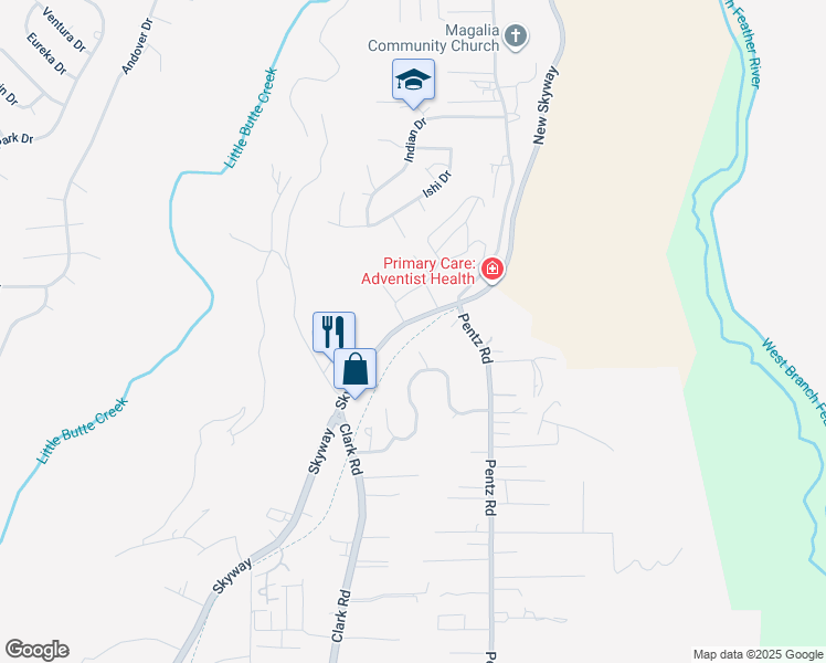map of restaurants, bars, coffee shops, grocery stores, and more near 9272 Skyway in Paradise