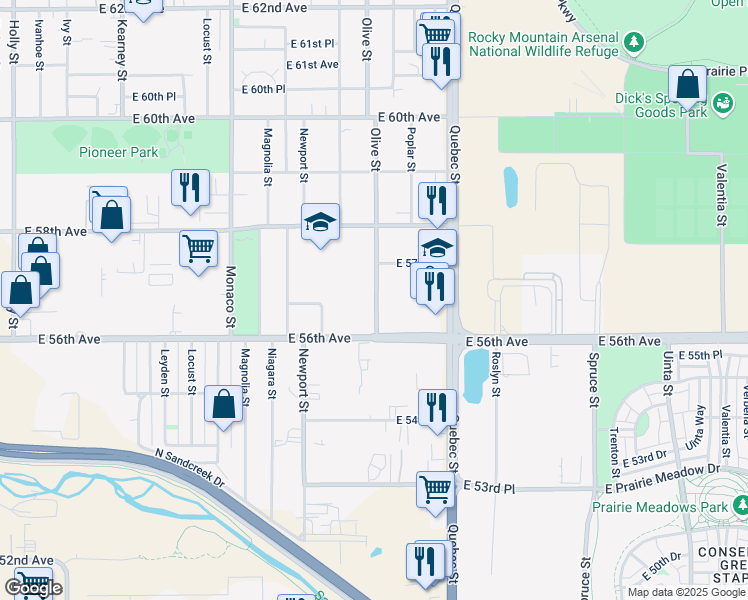 map of restaurants, bars, coffee shops, grocery stores, and more near 5655 Olive Street in Commerce City
