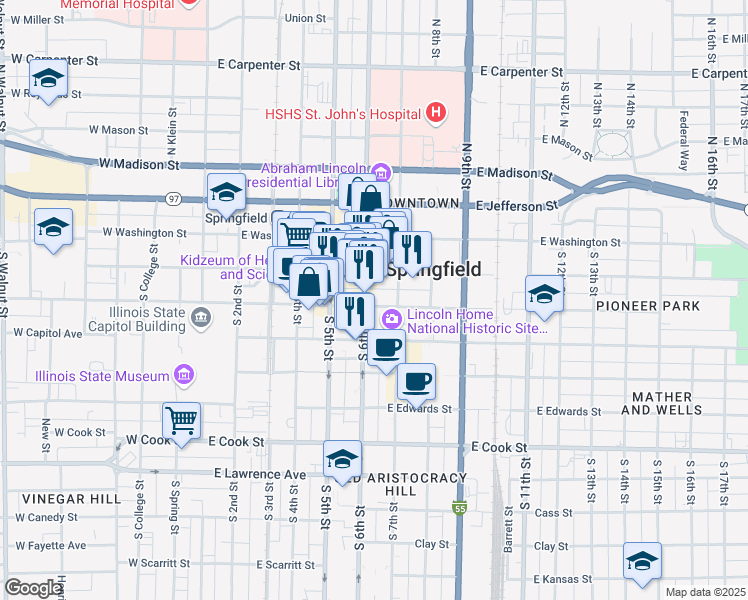 map of restaurants, bars, coffee shops, grocery stores, and more near 611 East Monroe Street in Springfield
