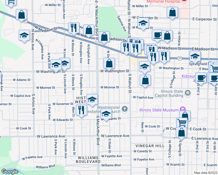 map of restaurants, bars, coffee shops, grocery stores, and more near 301 South State Street in Springfield