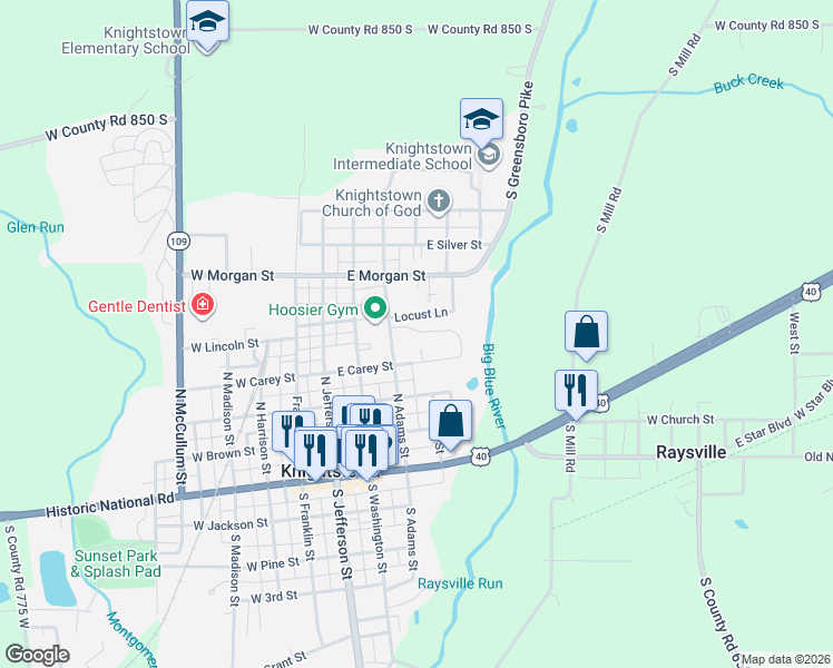 map of restaurants, bars, coffee shops, grocery stores, and more near 450 East Carey Street in Knightstown