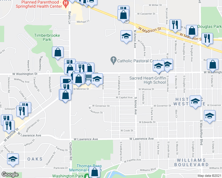 map of restaurants, bars, coffee shops, grocery stores, and more near 1632 West Monroe Street in Springfield