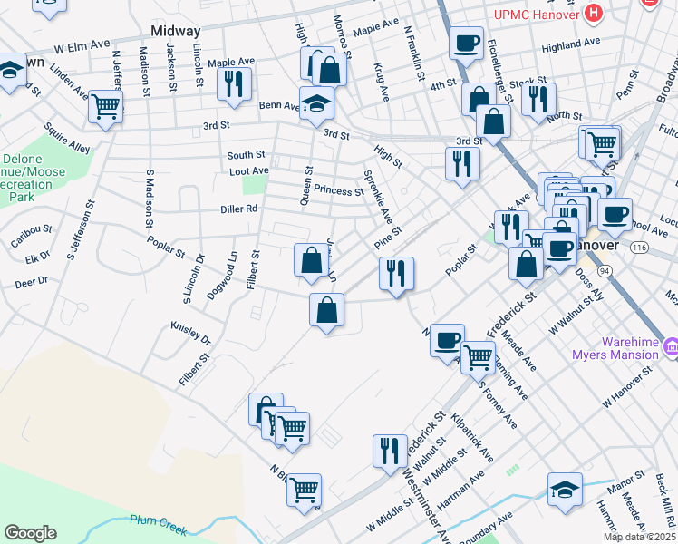 map of restaurants, bars, coffee shops, grocery stores, and more near 423 Pine Street in Hanover