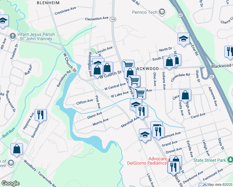 map of restaurants, bars, coffee shops, grocery stores, and more near 119 West Lake Avenue in Gloucester Township