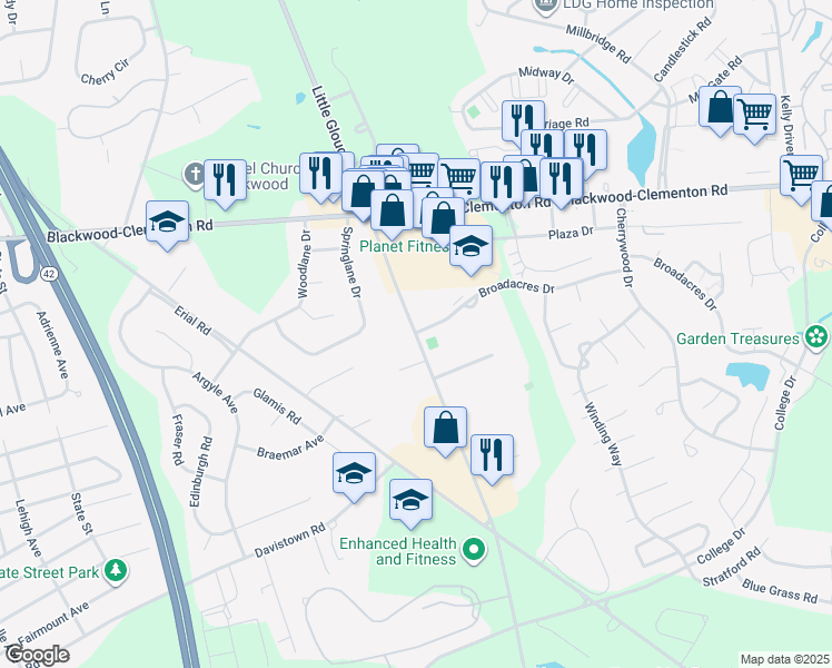 map of restaurants, bars, coffee shops, grocery stores, and more near 1530 Broadacres Drive in Clementon