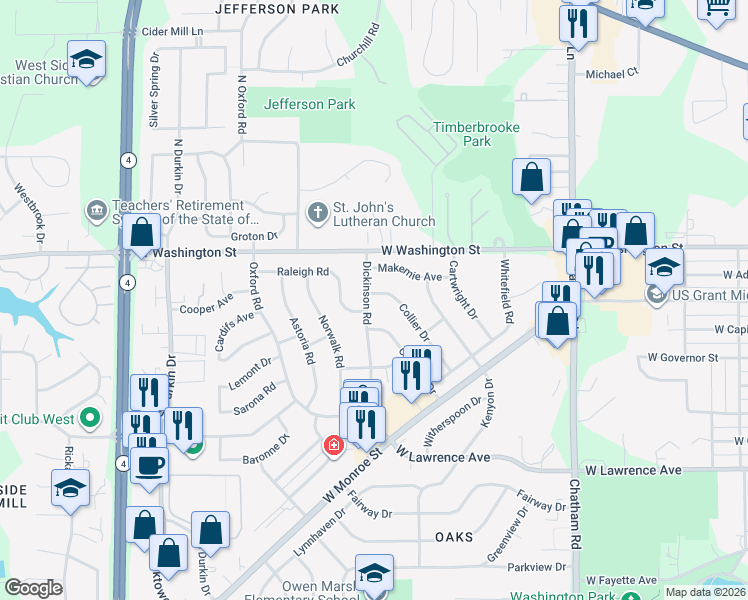 map of restaurants, bars, coffee shops, grocery stores, and more near 122 Dickinson Road in Springfield