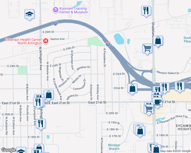 map of restaurants, bars, coffee shops, grocery stores, and more near 2222 North Kitley Avenue in Indianapolis