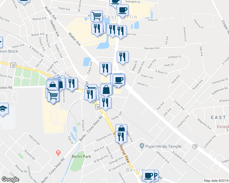 map of restaurants, bars, coffee shops, grocery stores, and more near 2 New Jersey 73 in Berlin