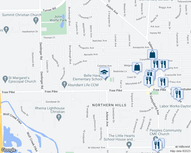 map of restaurants, bars, coffee shops, grocery stores, and more near 3626 Marlin Avenue in Dayton