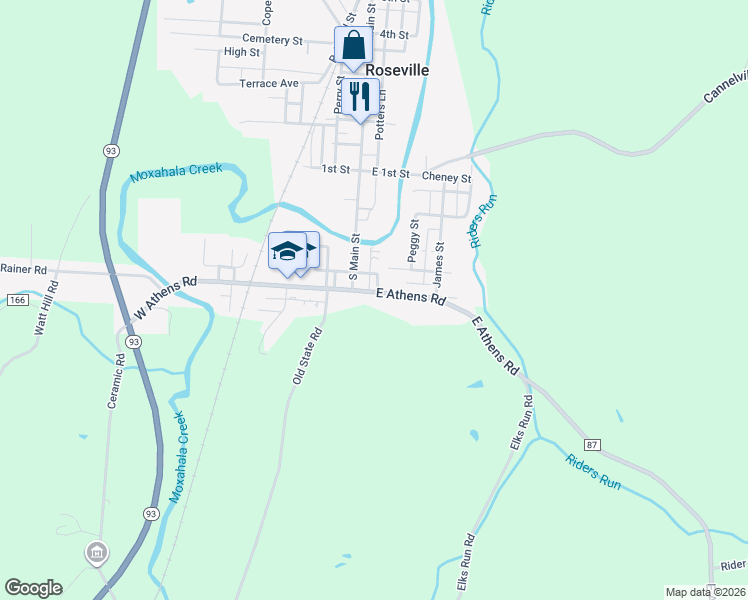 map of restaurants, bars, coffee shops, grocery stores, and more near 35 East Athens Road in Roseville