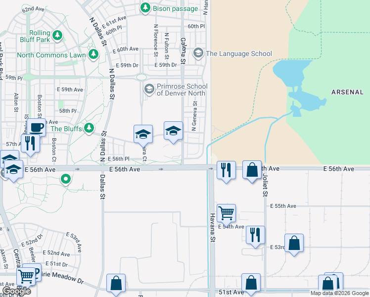map of restaurants, bars, coffee shops, grocery stores, and more near 10288 East 57th Avenue in Denver
