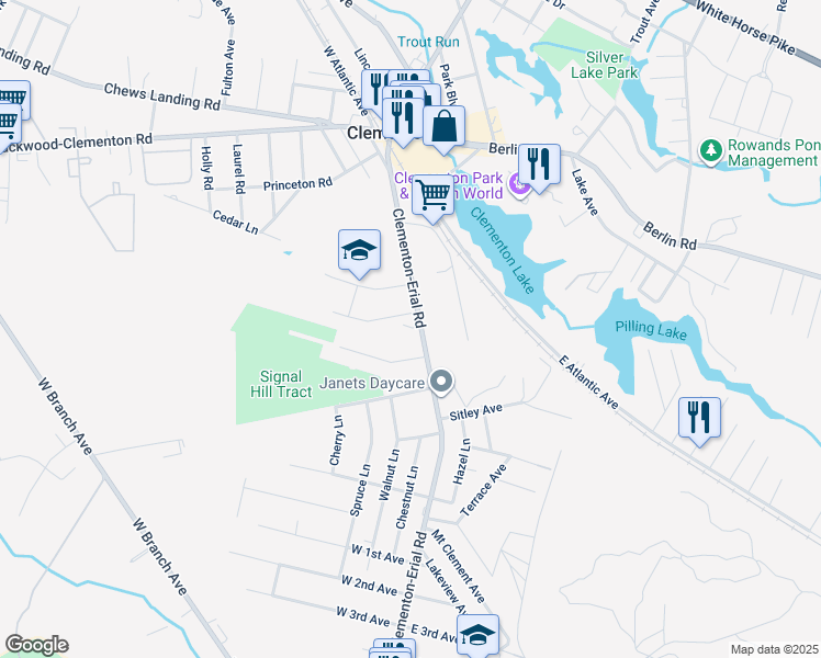 map of restaurants, bars, coffee shops, grocery stores, and more near 120 Erial Road in Clementon