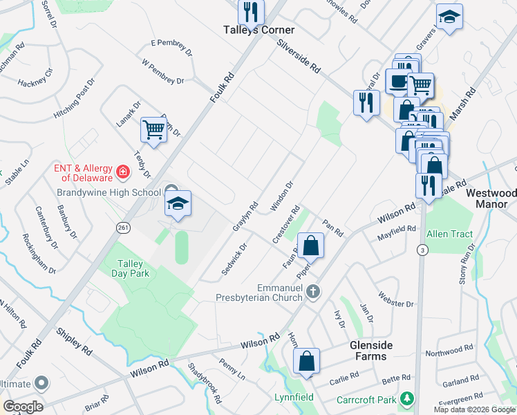 map of restaurants, bars, coffee shops, grocery stores, and more near 1100 Windon Drive in Wilmington