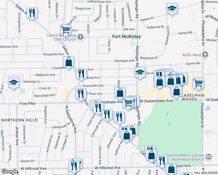 map of restaurants, bars, coffee shops, grocery stores, and more near 3632 Evansville Avenue in Dayton