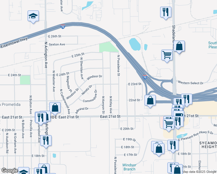 map of restaurants, bars, coffee shops, grocery stores, and more near 2222 North Kitley Avenue in Indianapolis
