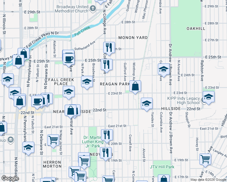map of restaurants, bars, coffee shops, grocery stores, and more near 732 East 23rd Street in Indianapolis