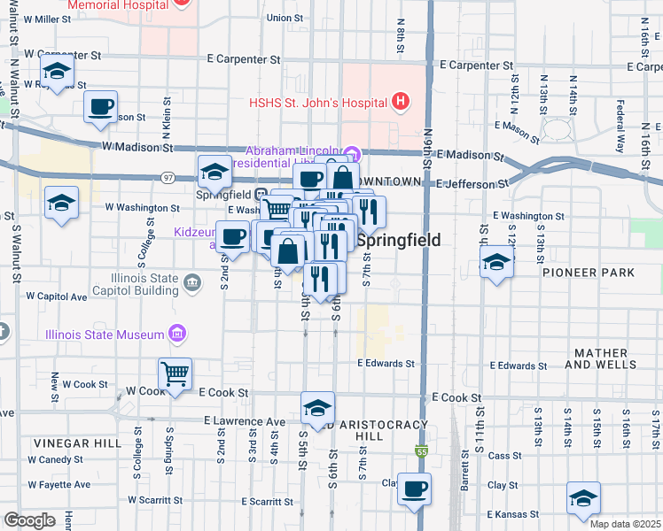 map of restaurants, bars, coffee shops, grocery stores, and more near 611 East Monroe Street in Springfield