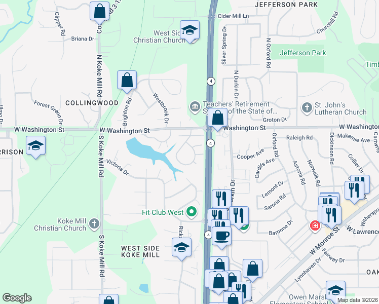 map of restaurants, bars, coffee shops, grocery stores, and more near 69 Trailridge Lane in Springfield