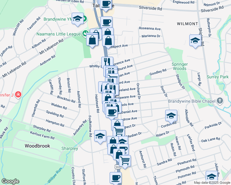 map of restaurants, bars, coffee shops, grocery stores, and more near 2 Cleveland Avenue in Wilmington