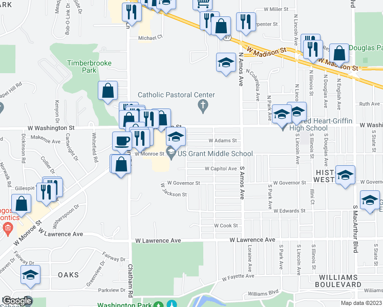 map of restaurants, bars, coffee shops, grocery stores, and more near West Monroe Street in Springfield