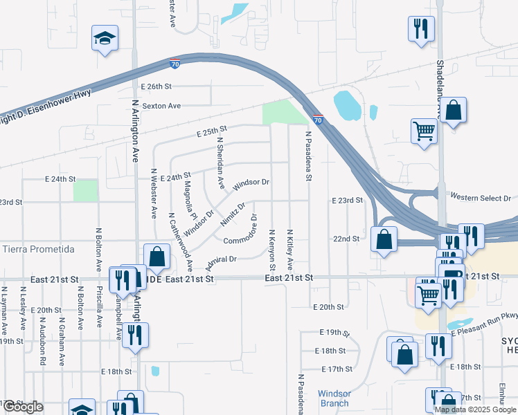 map of restaurants, bars, coffee shops, grocery stores, and more near 6261 Commodore Drive in Indianapolis