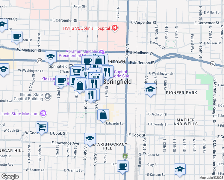 map of restaurants, bars, coffee shops, grocery stores, and more near 701 East Monroe Street in Springfield