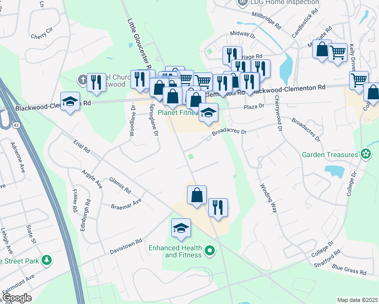 map of restaurants, bars, coffee shops, grocery stores, and more near 1530 Broadacres Drive in Clementon