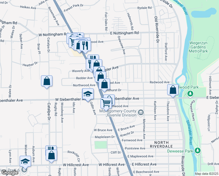 map of restaurants, bars, coffee shops, grocery stores, and more near 35 Sandhurst Drive in Dayton