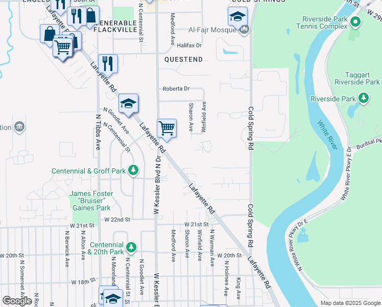 map of restaurants, bars, coffee shops, grocery stores, and more near 2333 Lafayette Road in Indianapolis