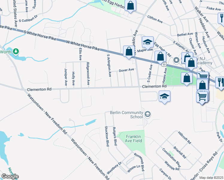map of restaurants, bars, coffee shops, grocery stores, and more near 183 Clementon Road in Berlin