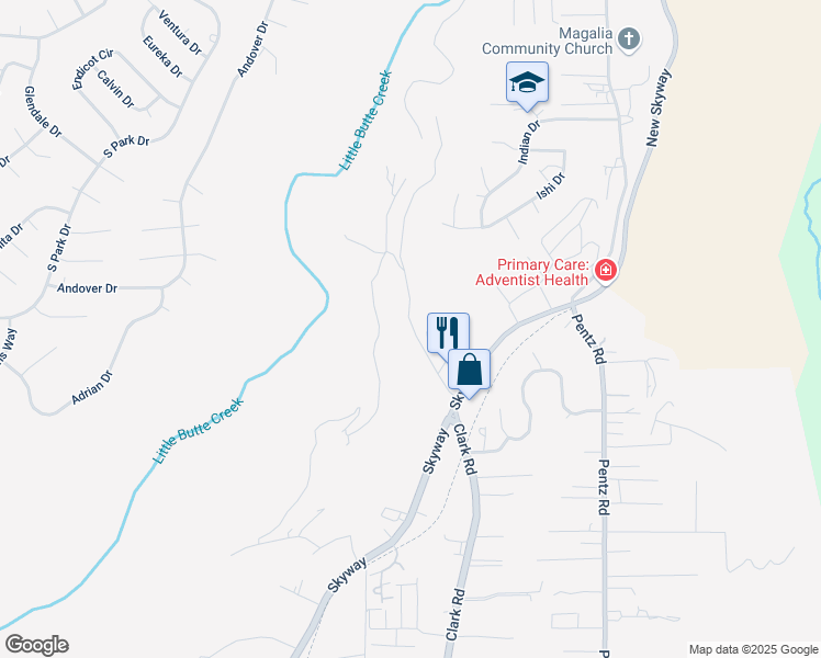 map of restaurants, bars, coffee shops, grocery stores, and more near 13525 Bader Mine Road in Paradise