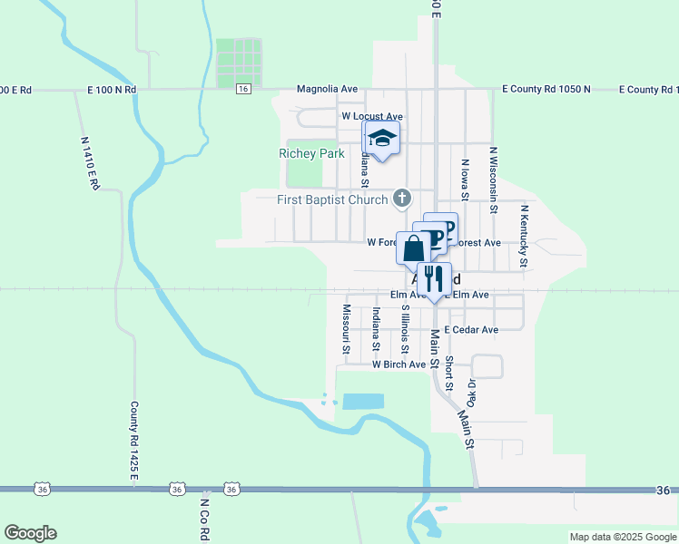 map of restaurants, bars, coffee shops, grocery stores, and more near 230 West Central Street in Atwood