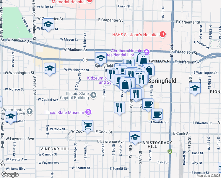 map of restaurants, bars, coffee shops, grocery stores, and more near 200 East Monroe Street in Springfield