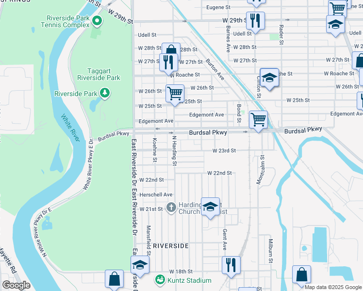 map of restaurants, bars, coffee shops, grocery stores, and more near 1346 West 23rd Street in Indianapolis