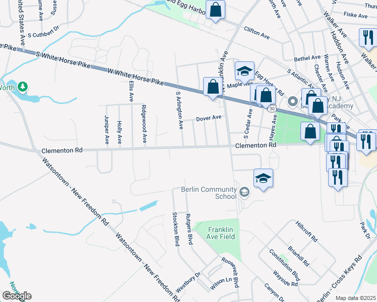 map of restaurants, bars, coffee shops, grocery stores, and more near 183 Clementon Road in Berlin