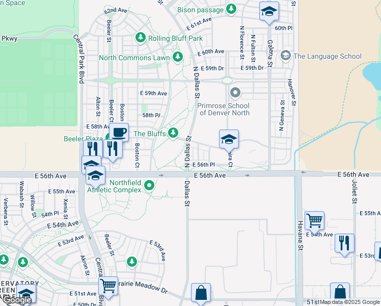 map of restaurants, bars, coffee shops, grocery stores, and more near 5678 Dallas Street in Denver