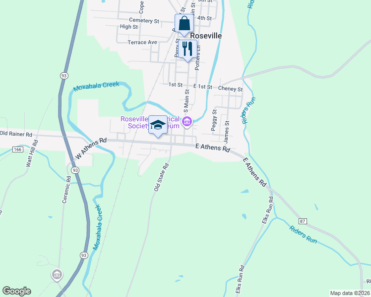 map of restaurants, bars, coffee shops, grocery stores, and more near 35 East Athens Road in Roseville