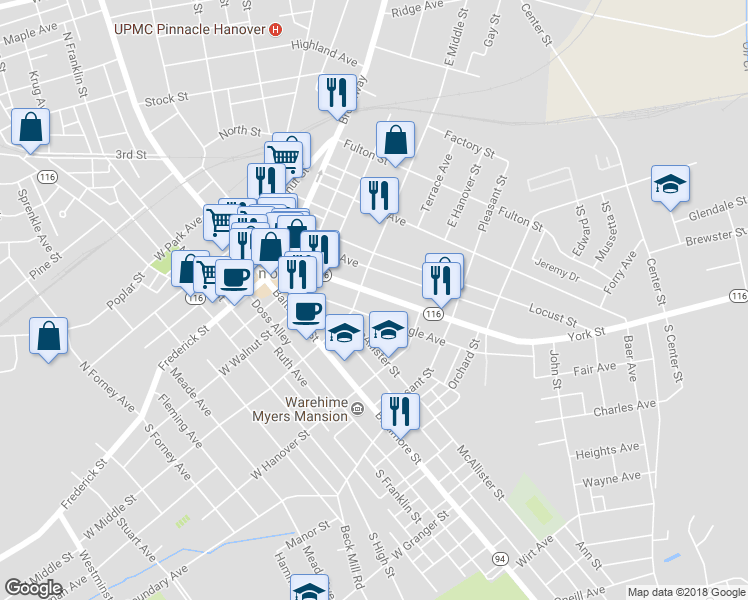 map of restaurants, bars, coffee shops, grocery stores, and more near 219 York Street in Hanover