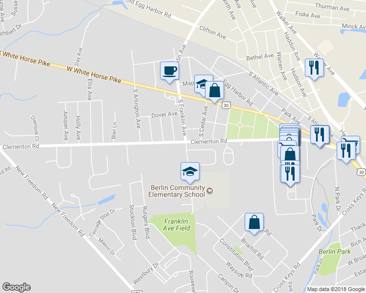map of restaurants, bars, coffee shops, grocery stores, and more near 104 South Franklin Avenue in Berlin