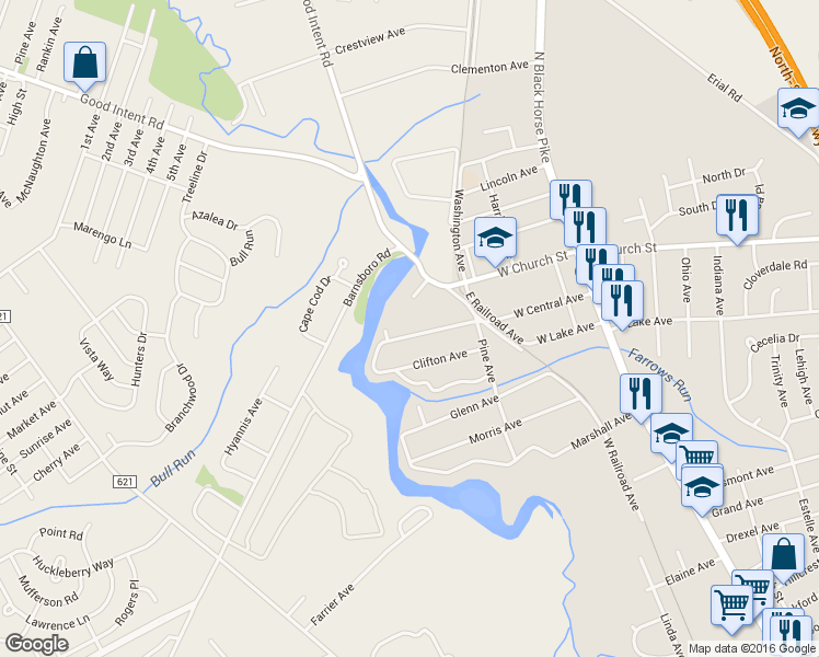 map of restaurants, bars, coffee shops, grocery stores, and more near 253 West Central Avenue in Blackwood