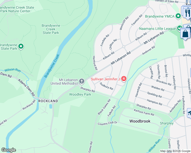 map of restaurants, bars, coffee shops, grocery stores, and more near 722 Mount Lebanon Road in Wilmington
