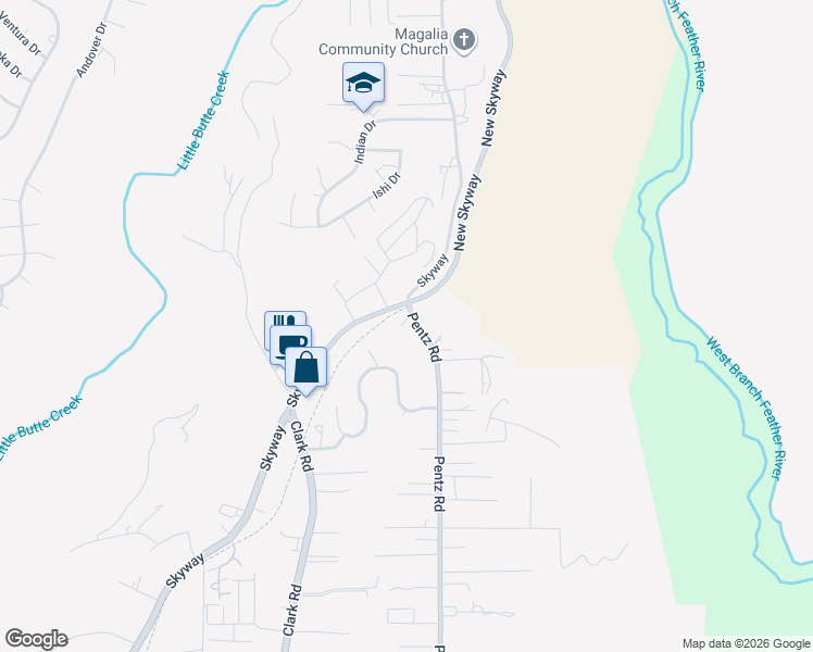 map of restaurants, bars, coffee shops, grocery stores, and more near 7331 Pentz Road in Paradise