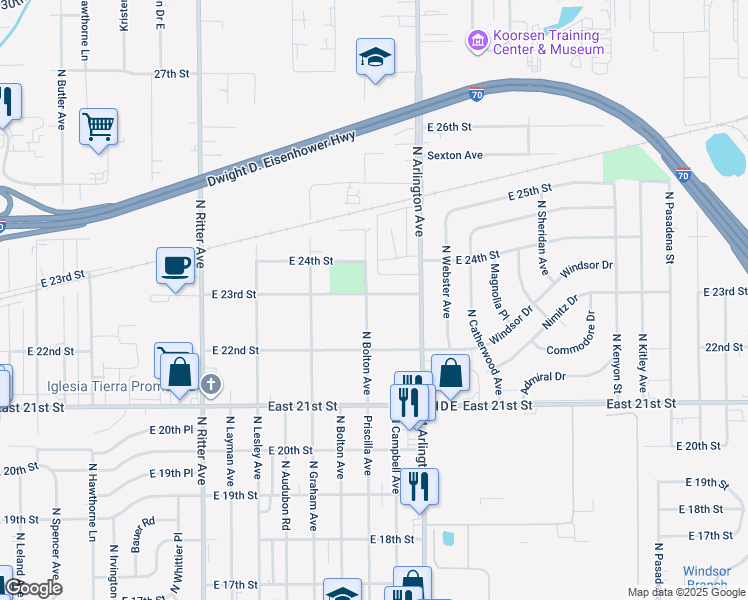 map of restaurants, bars, coffee shops, grocery stores, and more near 2263 North Bolton Avenue in Indianapolis