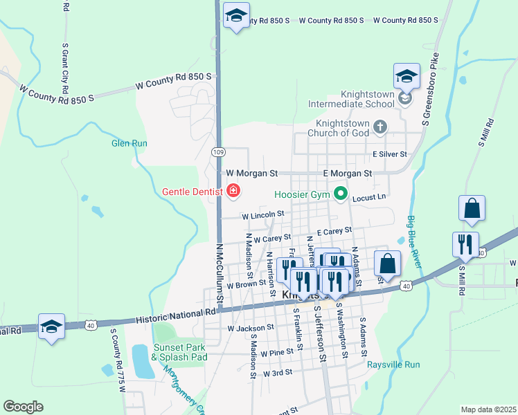 map of restaurants, bars, coffee shops, grocery stores, and more near 138 West Lincoln Street in Knightstown